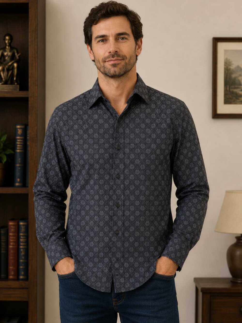 Modango Men's Dark Gray/Black Floral Print Dress Shirt - Size Medium